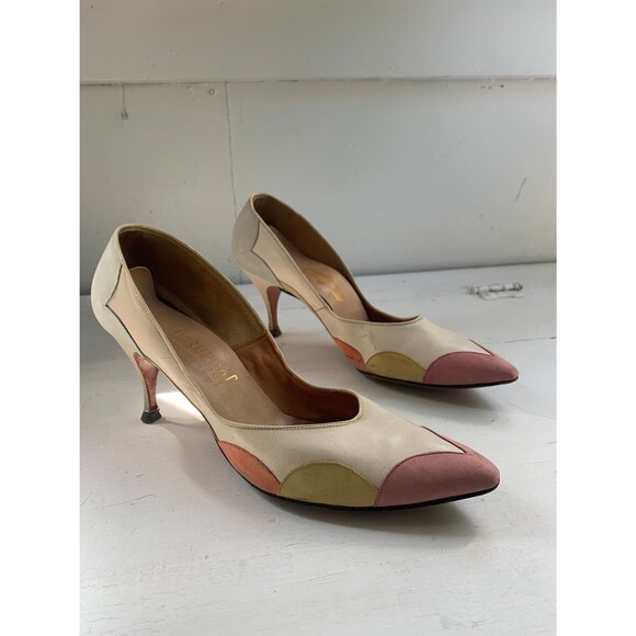 60s Off White Heels Pointy Toe 8 Narrow Vintage Midcentury Shoes Johansen - Picture 3 of 10